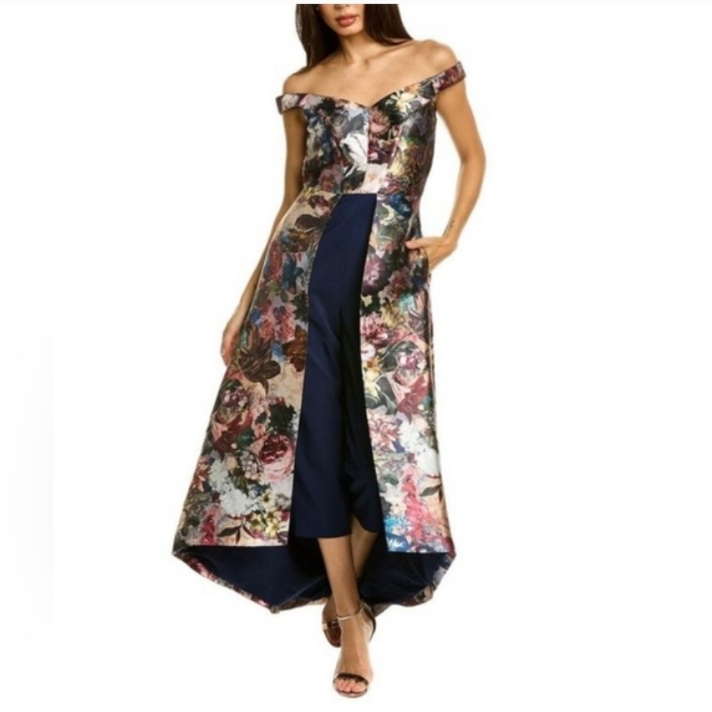 Kay Unger Navy & Dusty Rose Floral Maxi walk through Dress, Sz 10, 19" PTP